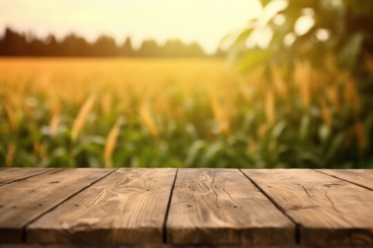 The empty wooden brown table top with blur background of corn field. Exuberant image. generative AI