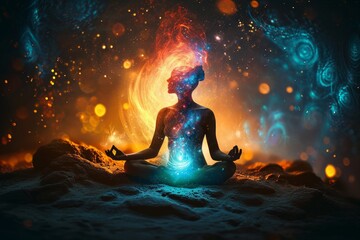 Silhouette of a person meditating with cosmic energy and celestial bodies around