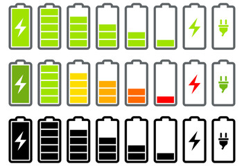 Baterías con indicadores de niveles. Batería completa, descargada, en carga. Vector, recurso gráfico. Símbolo de energía en aparatos electrónicos. - obrazy, fototapety, plakaty