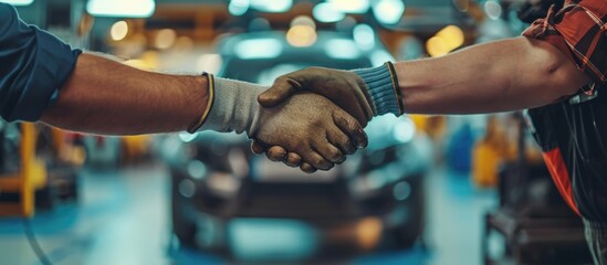 Mechanics shaking hands while repairing cars. - obrazy, fototapety, plakaty