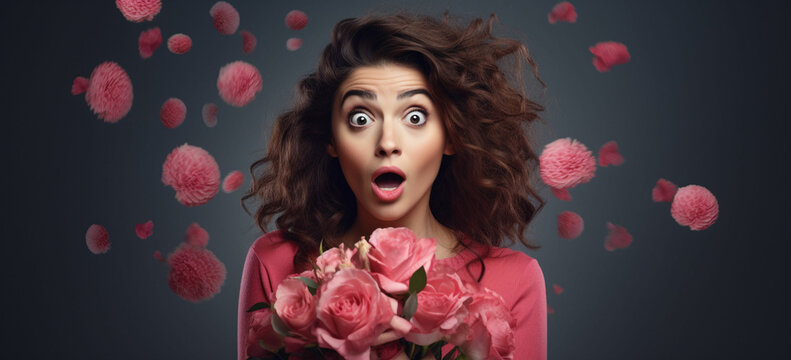valentines day concept image of surprised beautiful girl looking at hand with bouquet of flowers