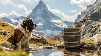Saint Bernard Rescue Dog With Keg Of Brandy In Alpine Meadows Around Matterhorn Peak. Mount Cervin Of Swiss Alps Reflected In Glacier Lake By Trockener Steg Of Zermatt, Mountain In Valais Switzerland, - obrazy, fototapety, plakaty