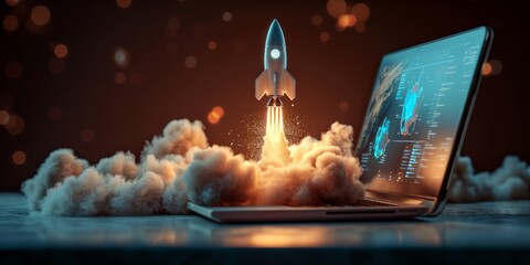 Rocket launching from a laptop screen creating a cloud explosion
