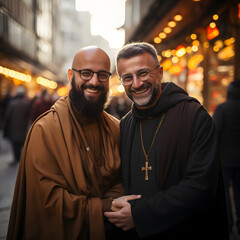 Portrait of Muslim Imam and Christian Priest Embracing Each Other - obrazy, fototapety, plakaty