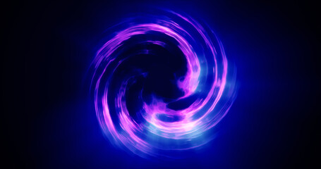 Looped twirl circle of stripes and lines of bright purple beautiful magical energy glowing neon, round frame. Abstract background