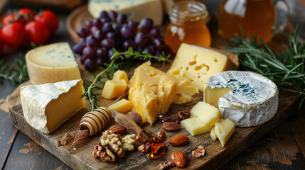 Premium food photo of a cheese bowl with nuts, honey, grapes on a wooden table