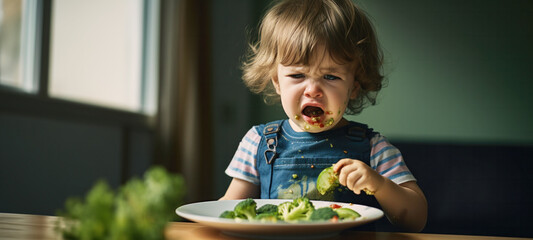 Little is unhappy Sulking child sitting in front of a plate of vegetables on the table because does...