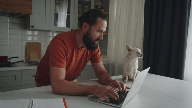Handsome business man type on laptop at home office. His funny pet dog looking away and wait. Online working from home in internet, distant job.