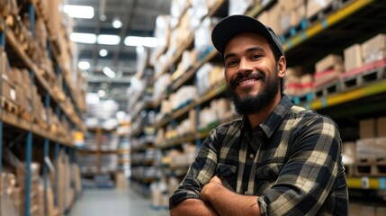 Happy construction worker in a warehouse. Man smiling with shelves and forklift. Supply and demand distribution center. Wholesale inventory business with stock in the background.