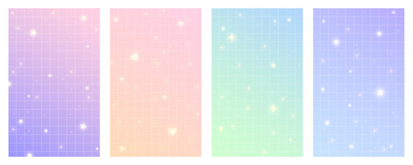 Checkered gradient background with stars. Set of pastel holographic kawaii backdrops. Abstract vector purple squared wallpapers for design.