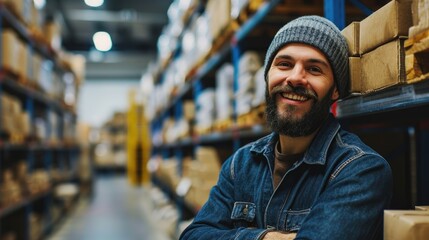 Happy construction worker in a warehouse. Man smiling with shelves and forklift. Supply and demand distribution center. Wholesale inventory business with stock in the background.
