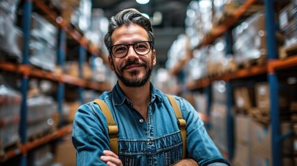 Happy construction worker in a warehouse. Man smiling with shelves and forklift. Supply and demand distribution center. Wholesale inventory business with stock in the background. - obrazy, fototapety, plakaty