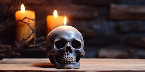 Day of the Dead festival essence radiates from a skull with a candle.