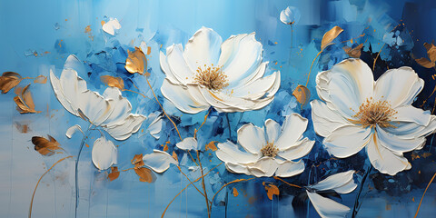 Abstract oil painting Blue petals, flowers with golden lines, using a palette knife