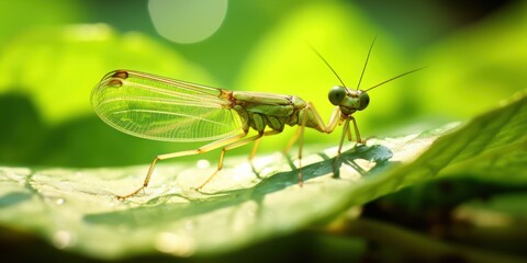 Fototapeta premium Praying mantis in a leaf comes to life in a captivating macro shot.