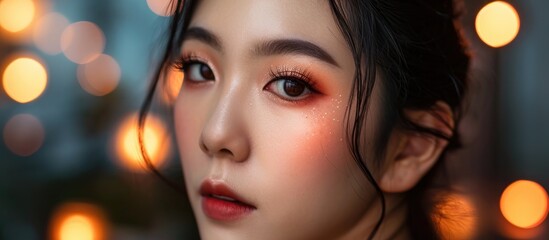 Asian woman beauty vlogger sharing live makeup tutorial on social media.