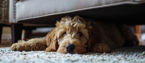 Goldendoodle puppy napping under couch on cream rug