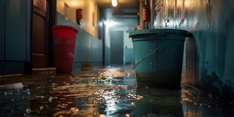 Overturned bucket with water spill in a dimly lit corridor