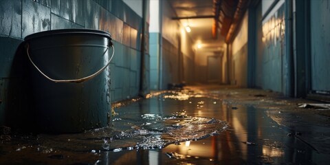 Overturned bucket with water spill in a dimly lit corridor