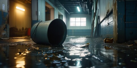 Overturned bucket with water spill in a dimly lit corridor - obrazy, fototapety, plakaty