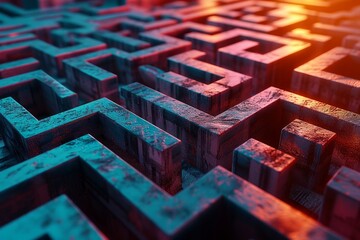 3D maze with a gradient of warm to cool colors - obrazy, fototapety, plakaty
