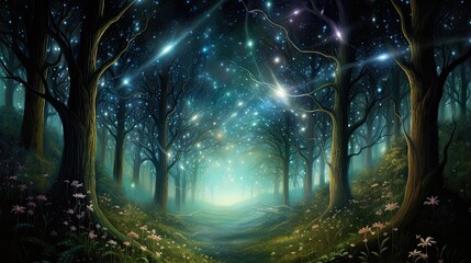 Fototapeta premium Magical fairy forest. Mystical fantasy landscape with abstract glitter and fireflies. Space stars and nebula.