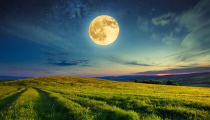Fototapeta na wymiar full moon over the field wallpaper Big Full Moon Casting Glow on Starlit Landscape