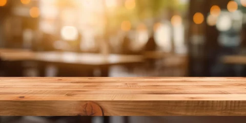 Fotobehang The empty wooden table top with blur background of cafe. Exuberant image. generative ai © Summit Art Creations