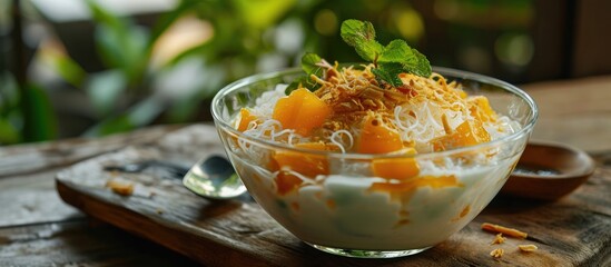 Thai dessert of sweet noodles, pumpkin, water chestnuts, and nipa palm fruit in a glass bowl, served with chilled coconut milk. - obrazy, fototapety, plakaty