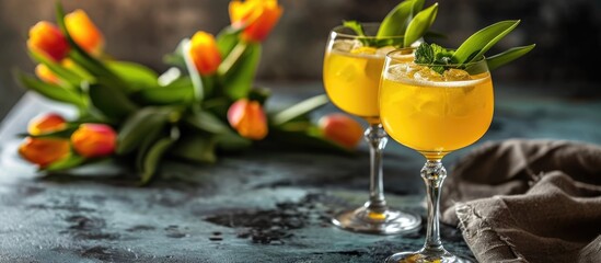 A pair of mimosa cocktails and tulips. - obrazy, fototapety, plakaty