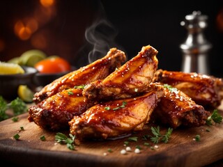 Delicious BBQ chicken wings, crackled and taut, promises a satisfying crunch with each bite, food photography