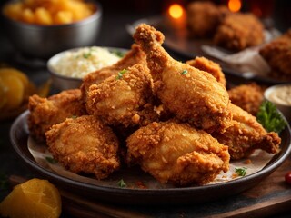 Fototapeta premium Delicious fried chicken, golden brown crust, kissed with hints of spice, gleams under the light, food photography