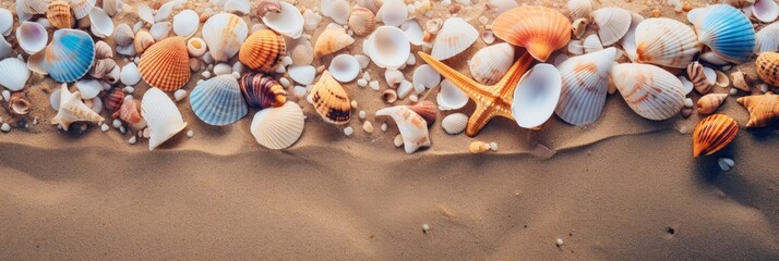 A collection of seashells scattered on the sand - obrazy, fototapety, plakaty