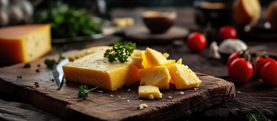 Edam cheese on cutting board, close-up. - obrazy, fototapety, plakaty