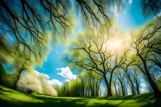Beautiful blurred background image of spring nature with surrounded by trees against a blue sky with clouds on a bright sunny day. © PX Studio