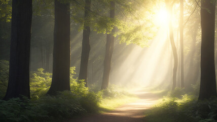 Morning in the forest with rays of Sun  Peaceful Nature