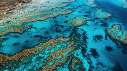 Aerial view of coral reef with blue water. Top view.