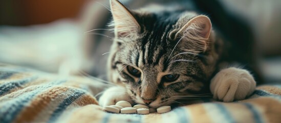 Administering medication to a sick cat using pills designed for animals.