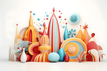 3d illustration of sphere, easter, spring, chocolate in pnk, blue, red, gold and blink ball and bunny in white, pastel, gold and rose pink colour, holiday 