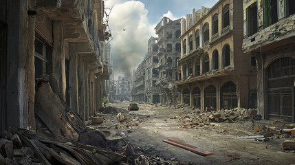 streets of a destroyed city after the bombing, military operations - obrazy, fototapety, plakaty