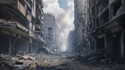 streets of a destroyed city after the bombing, military operations - obrazy, fototapety, plakaty