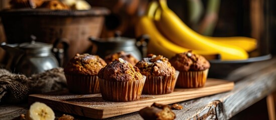 Fototapeta na wymiar Bananas on a wooden board with muffins
