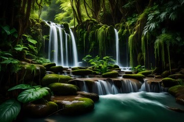 A beautiful waterfall with green plants