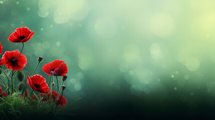 Beautiful red poppy flowers on light green background, flat lay, generative ai