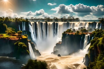 Two fairy powerful waterfalls from Iguazu Falls in Argentina. The Andean condors are circling in the sky above the water. The concept of extreme and ecological tourism