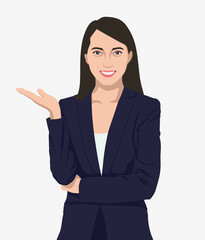 Beautiful Girl In Casual Suit Points with a Hand. Financial Advisor, Lawyer, Business Woman.