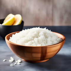 White rice in a wooden bowl on a dark table