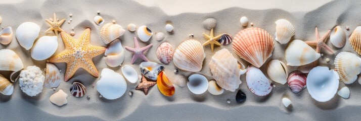 Fototapeta premium A collection of seashells scattered on the sand