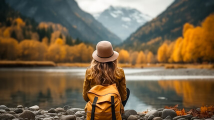 Girl with hat and backpack in nature - obrazy, fototapety, plakaty