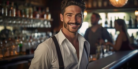 With cheerful smiles, male bartenders stand confidently poised.